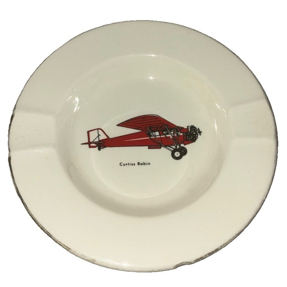 Vintage Curtiss Robin Airplane Ceramic Ashtray 5 Inch White Red Aviation Flaw